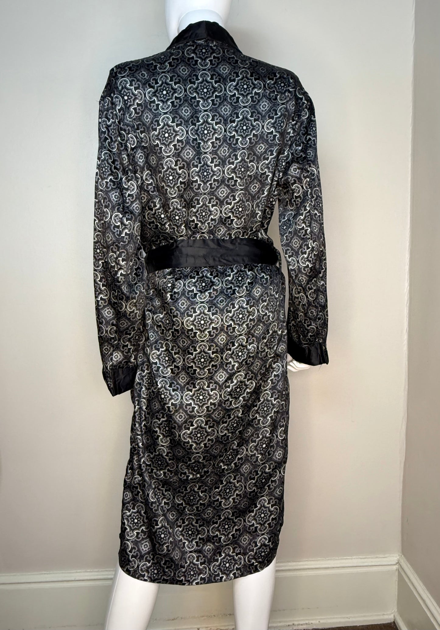 1960s Men’s Black Medallion Print Robe, Smoking Jacket, Sears Size Medium