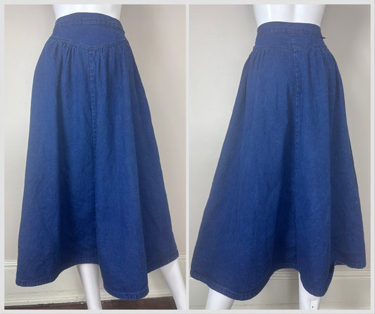 1980s Denim Midi Skirt, Wrangler Size S/M, Full, Side Zip