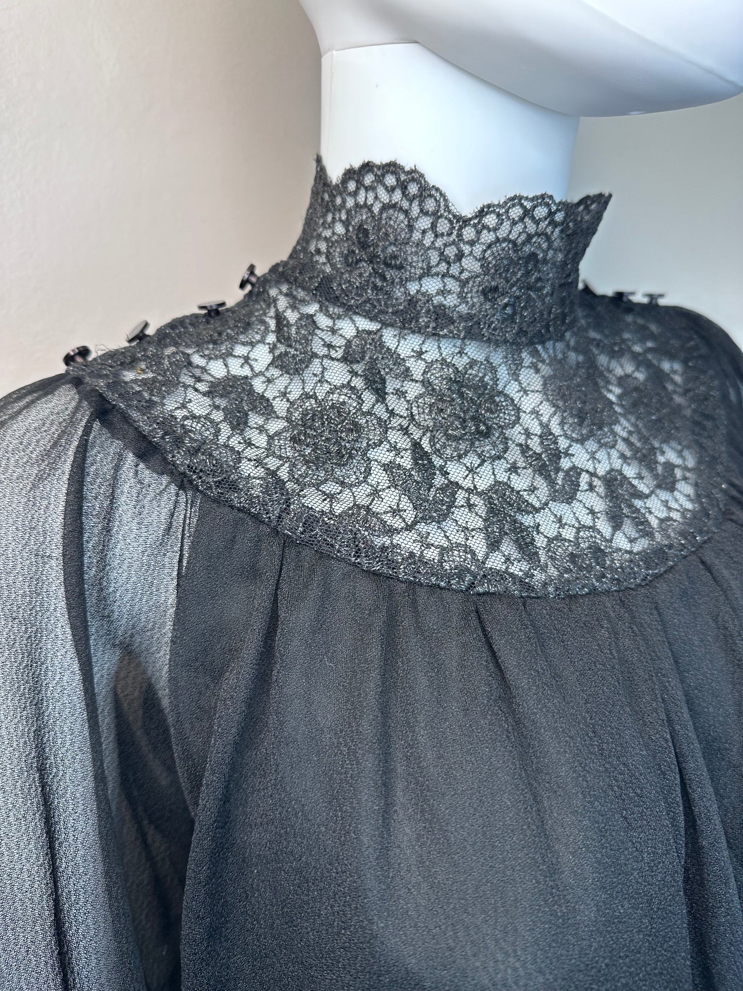 1970s/80s Sheer Black Victorian Inspired Dress, Size Small, High Neck, Balloon Sleeves, Lace, Whimsy Goth