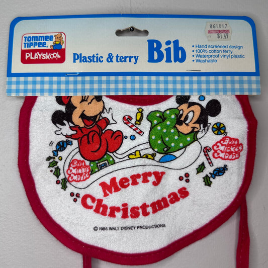 1980s Baby Minnie and Mickey Mouse Merry Christmas Plastic & Terry Bib, Tommee Tippee Playskool, 1985 Walt Disney