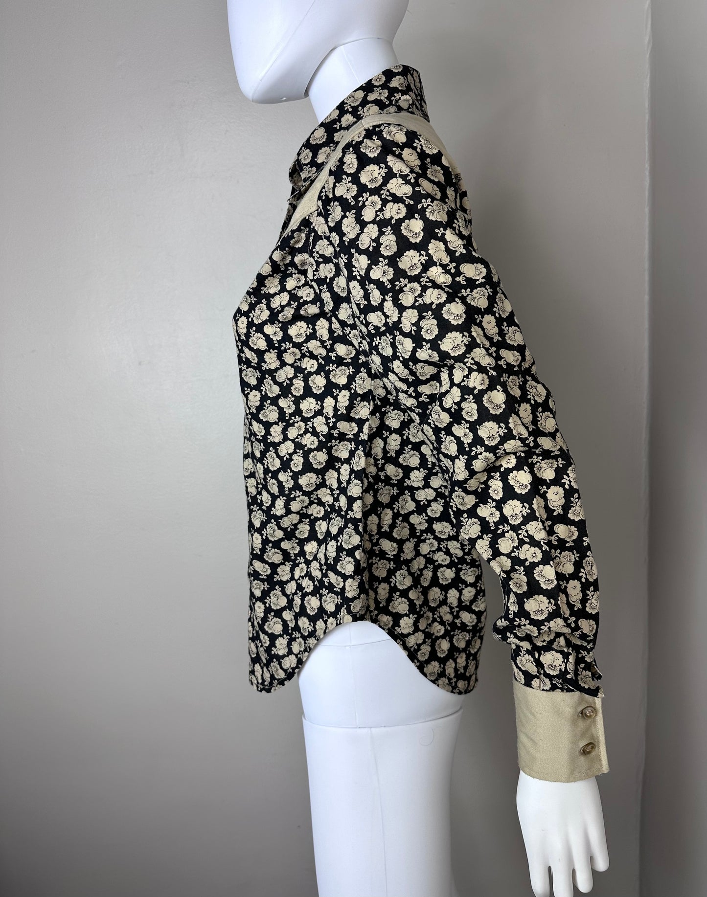 1970s Tan and Black Floral Western Shirt, Handmade Size Small