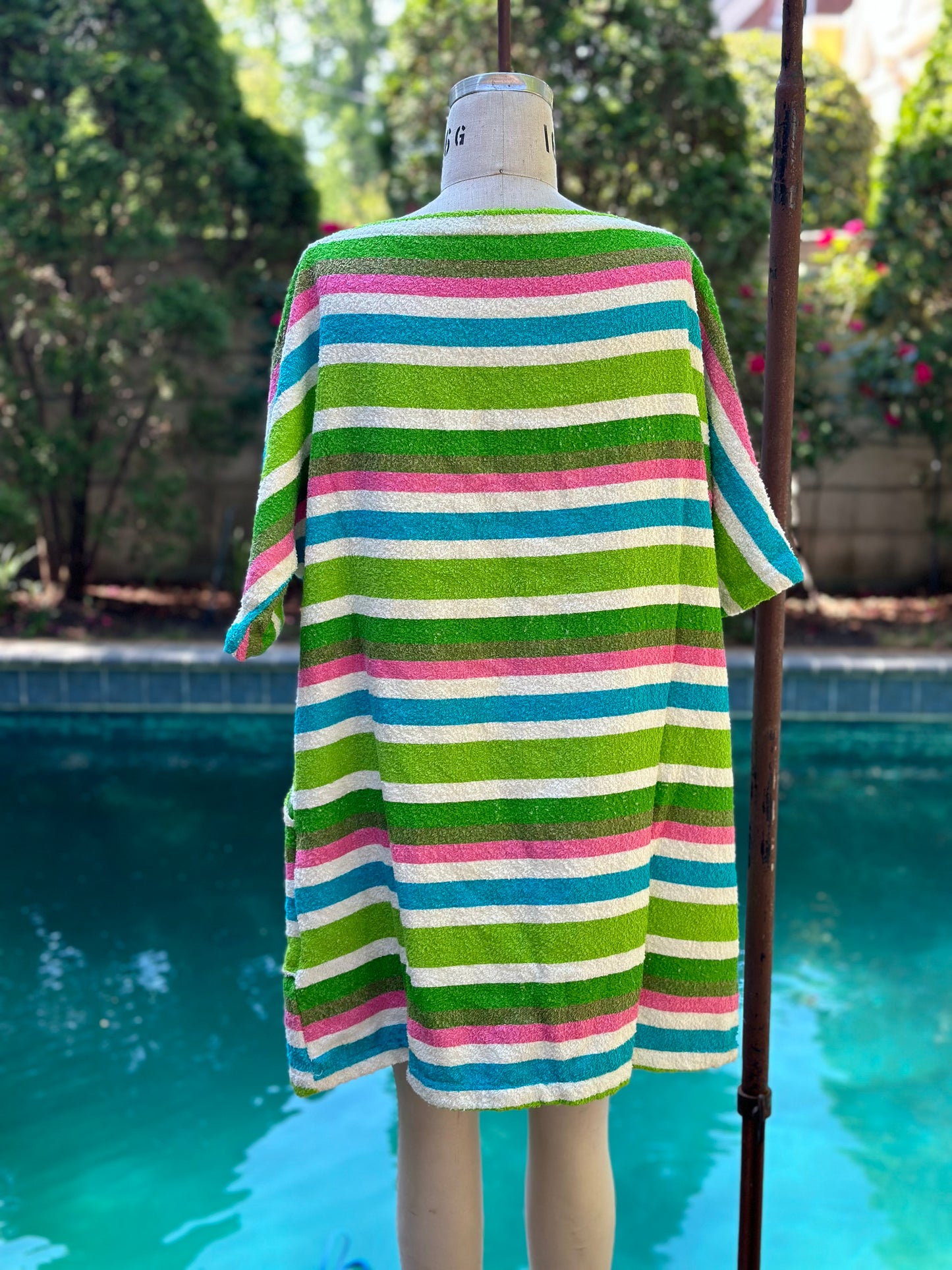 1960s Striped Terry Cloth Beach Dress, Miss Elaine, Swimsuit Cover Up, New with Tag, Goldsmith’s