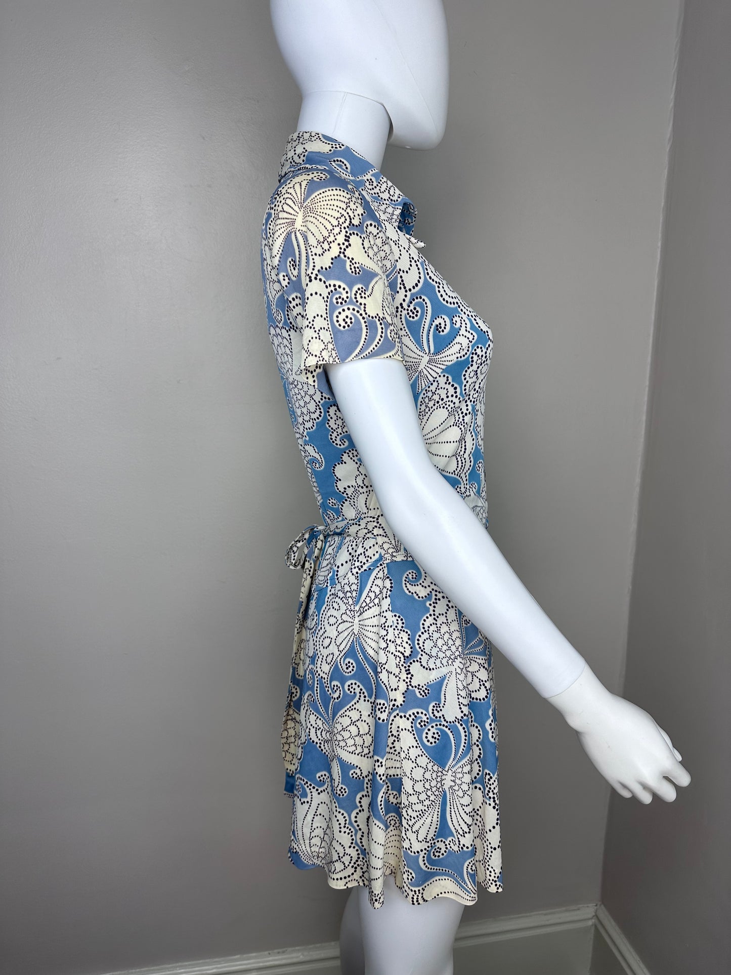 1970s Blue Butterfly Sizzler Set, Micro Mini Dress and Hot Pants Shorts, Teena Paige Fashions Size Small