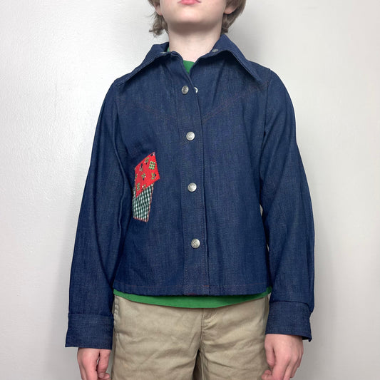 1970s Girls Denim Jacket with Patches, Peaches ‘n Cream, Kids Size 8/10