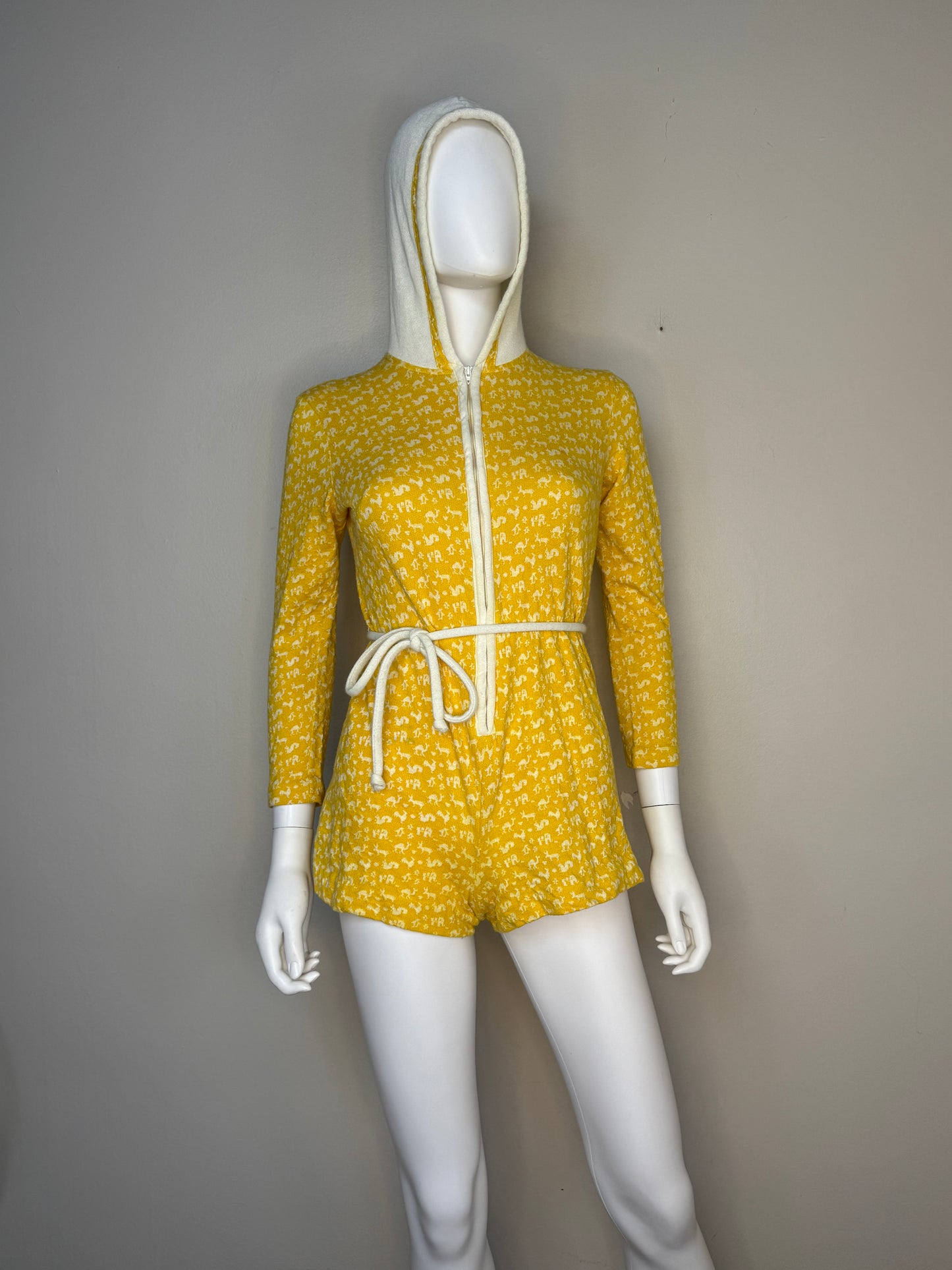1970s Yellow Knit Animal Hooded Romper, Misty Lane Size Small-Medium