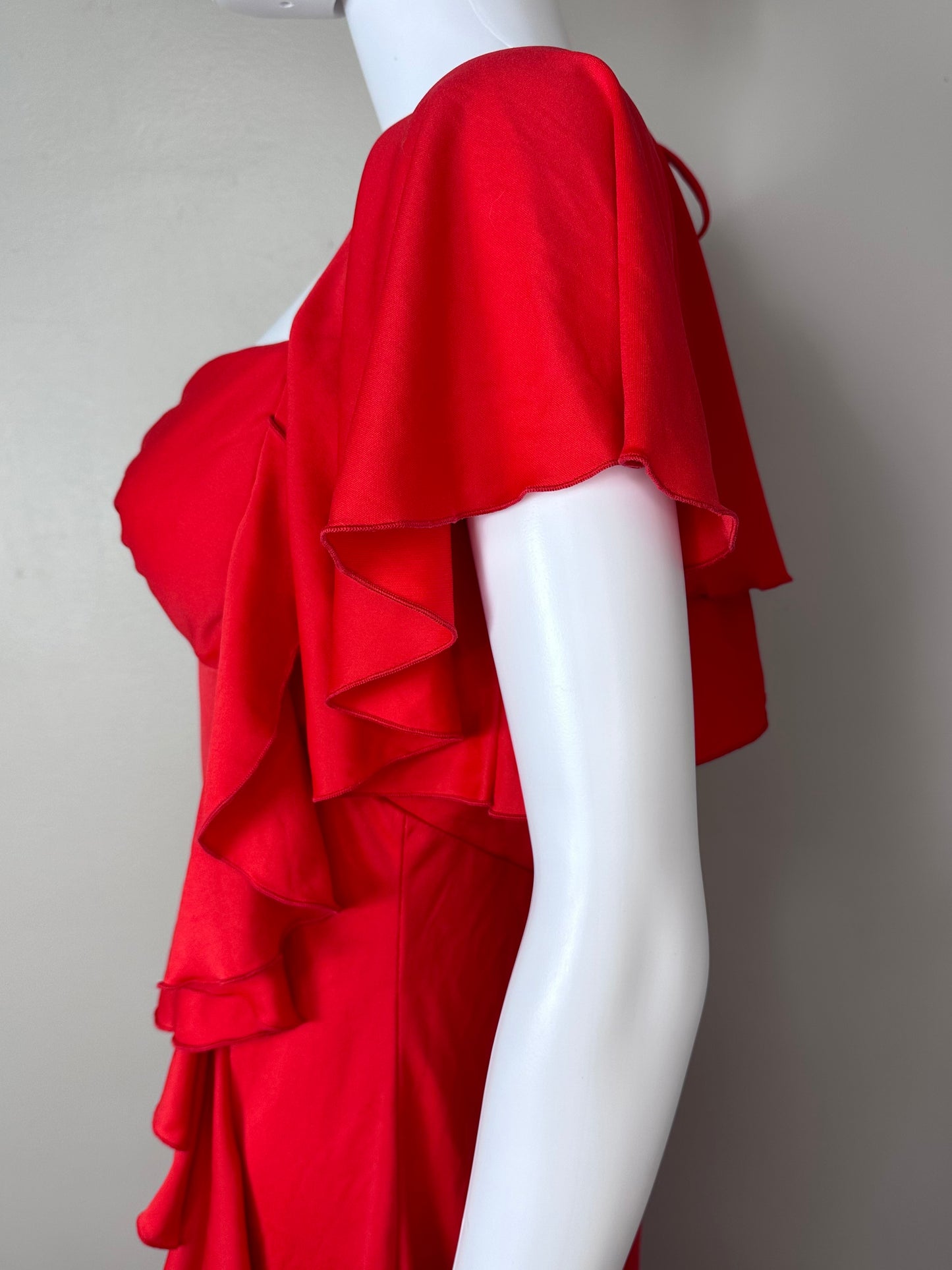 1970s Red Bellbottom Jumpsuit with Ruffles, Jack Hartley Size Small-Medium
