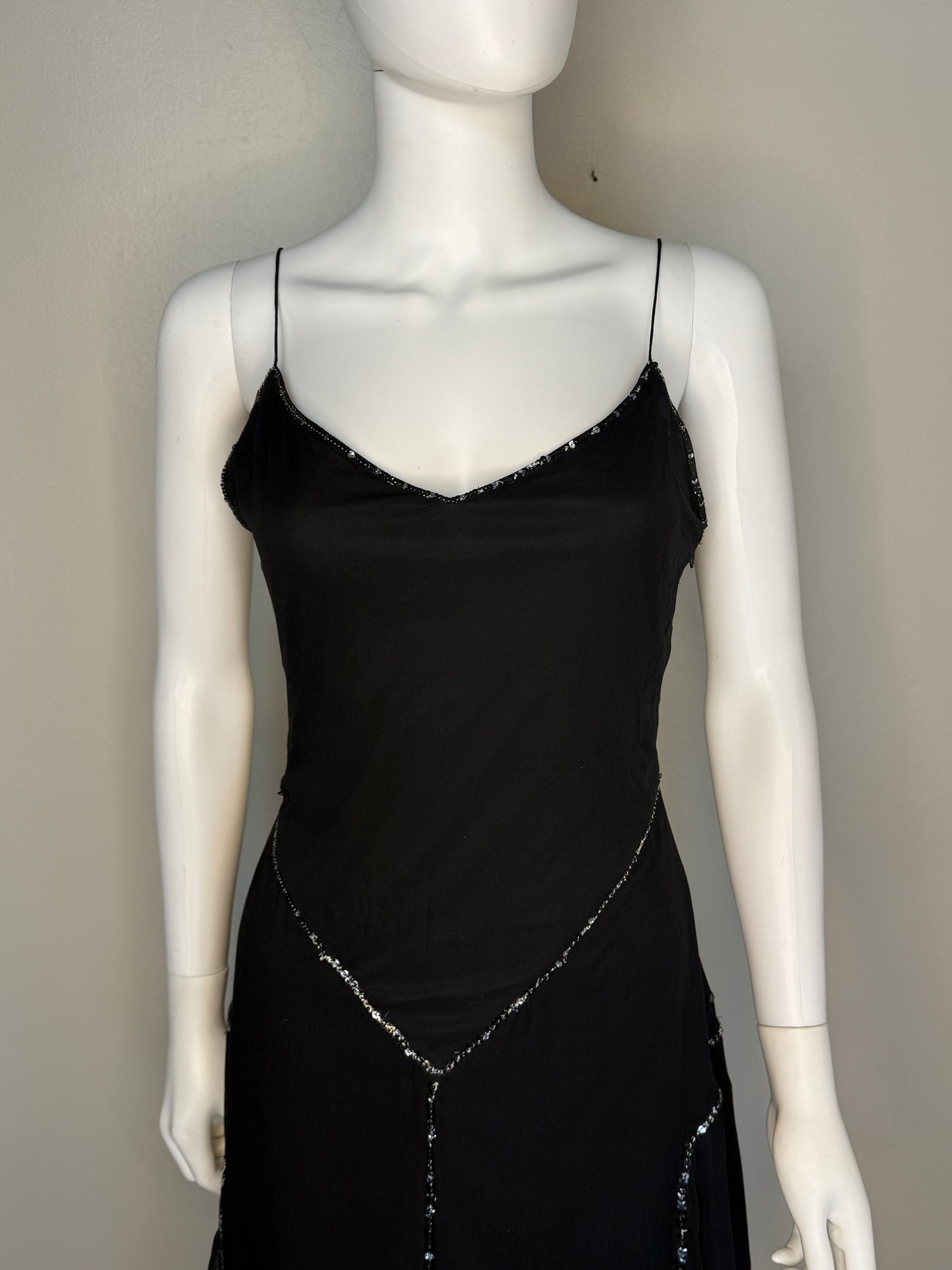 Y2K Betsey Johnson Black Sequin Slip Dress with Zig Zag Hem, Size XS/Small, Sample