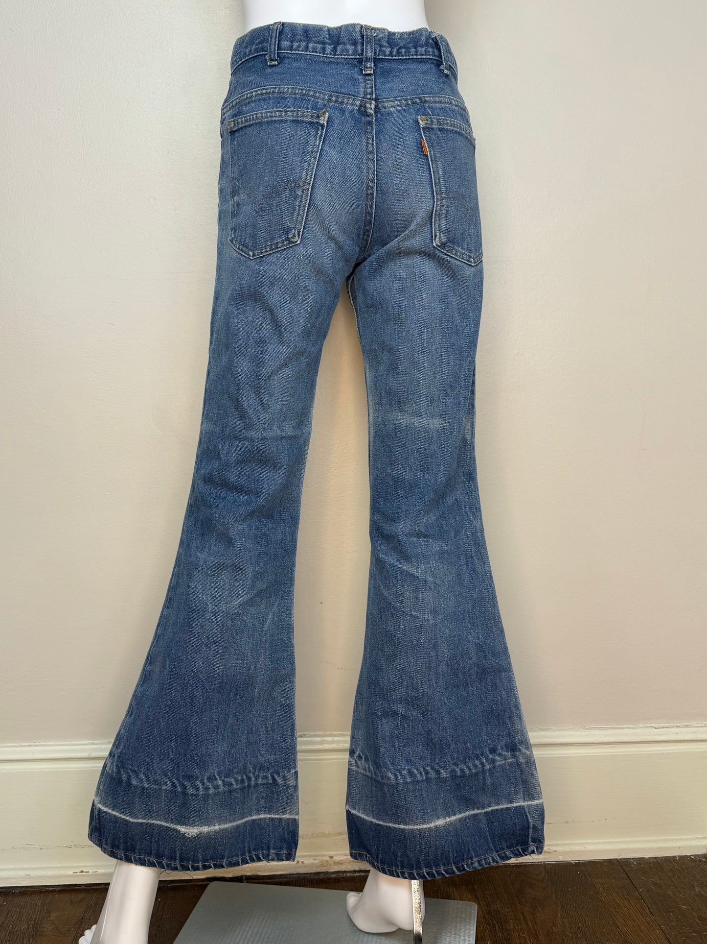 1970s Levi’s 684 Bellbottom Blue Jeans, 29"x31", Orange Tab