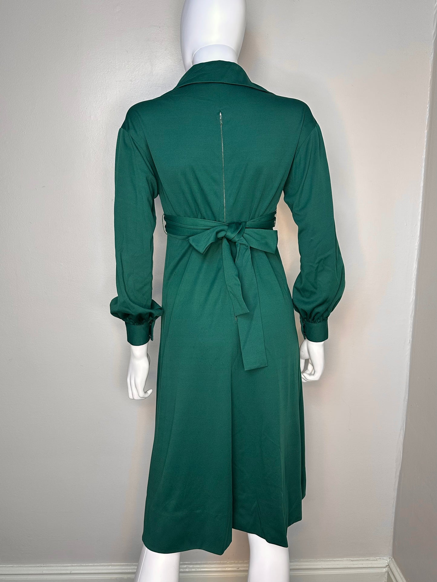 1970s Green Long Sleeve Midi Dress, Handmade Size Small
