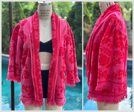 1960s Pink Towel Jacket with Fringe, Beach Cover-Up, Handmade Size M-L