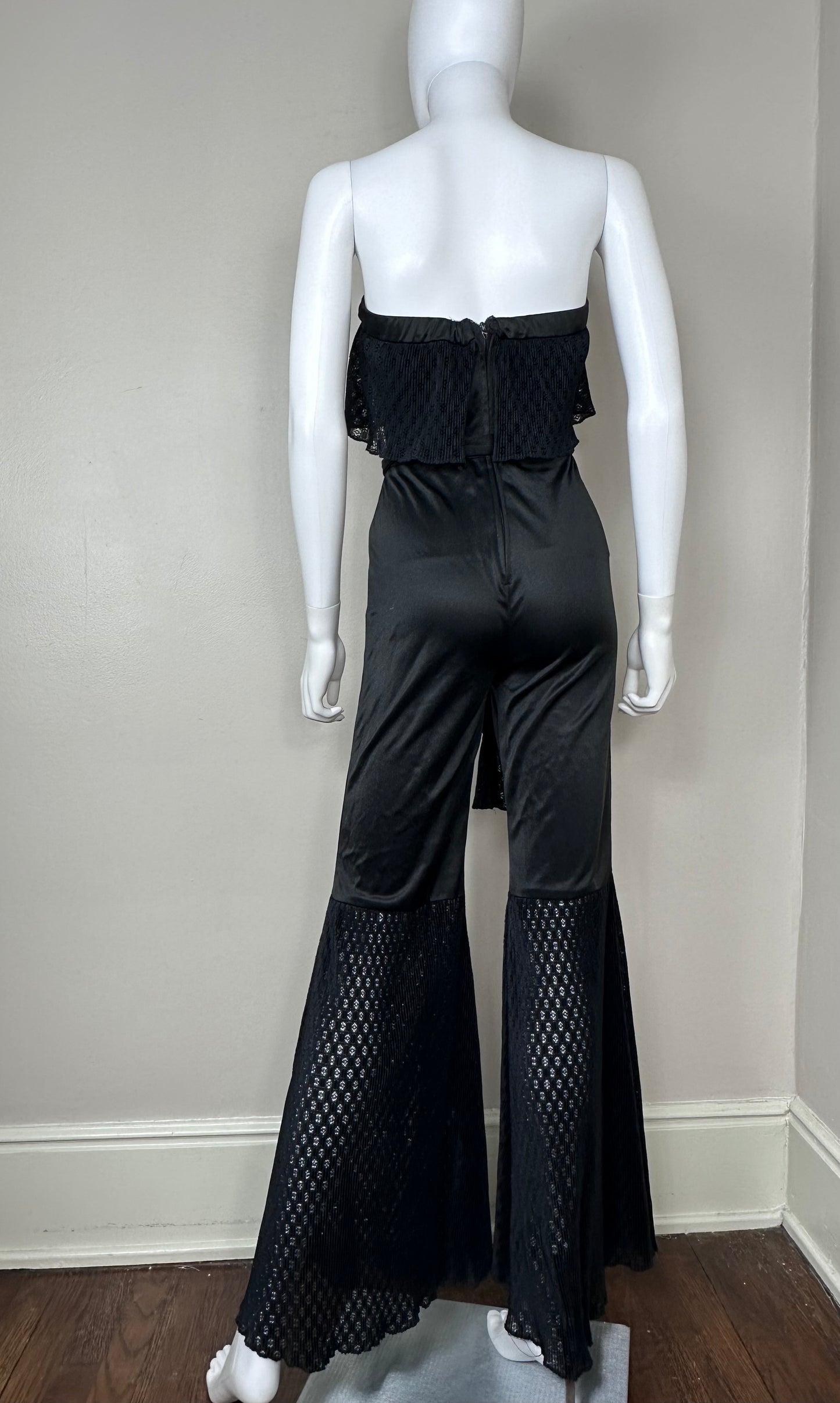 1970s Black Strapless Bell Bottom Jumpsuit, Funky Size XS