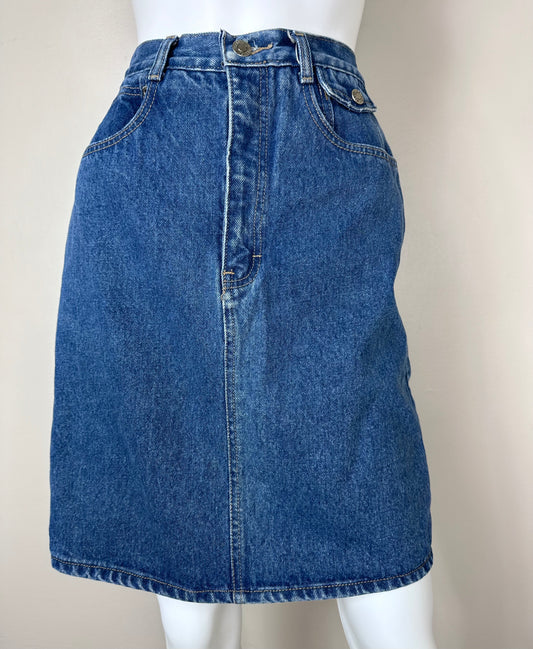 1980s Denim Skirt, Calvin Klein Size XS, Straight Knee Length, Blue Jean