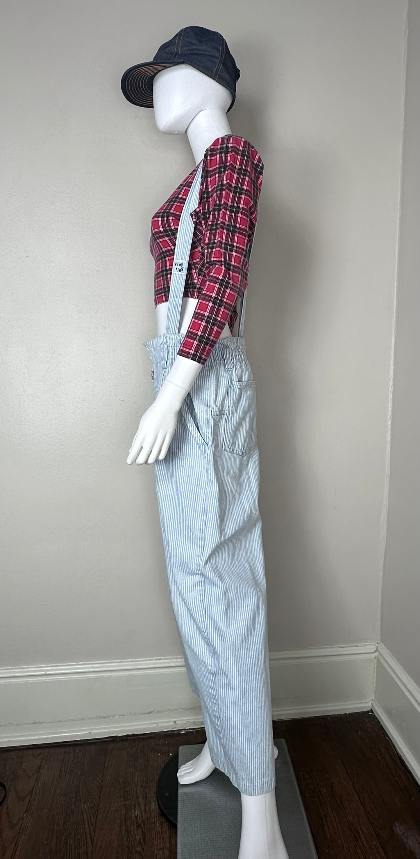 1980s Hickory Stripe Denim Suspender Jeans, Local Heroes Size Medium/Large, 31"x25"
