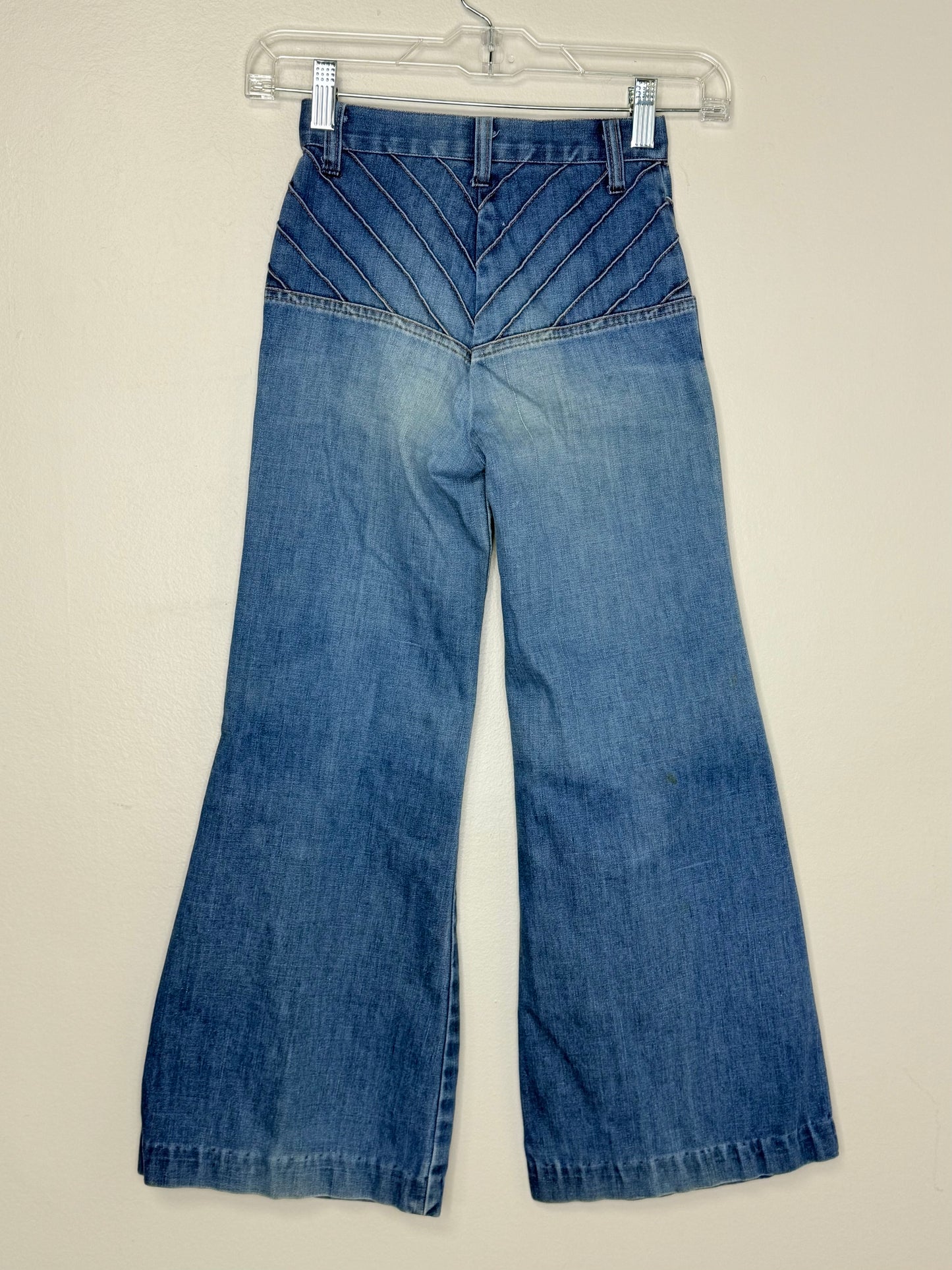 1970s Kids Bellbottom Blue Jeans with Pintucks, Sears Roebuck and Co Size 8 Slim
