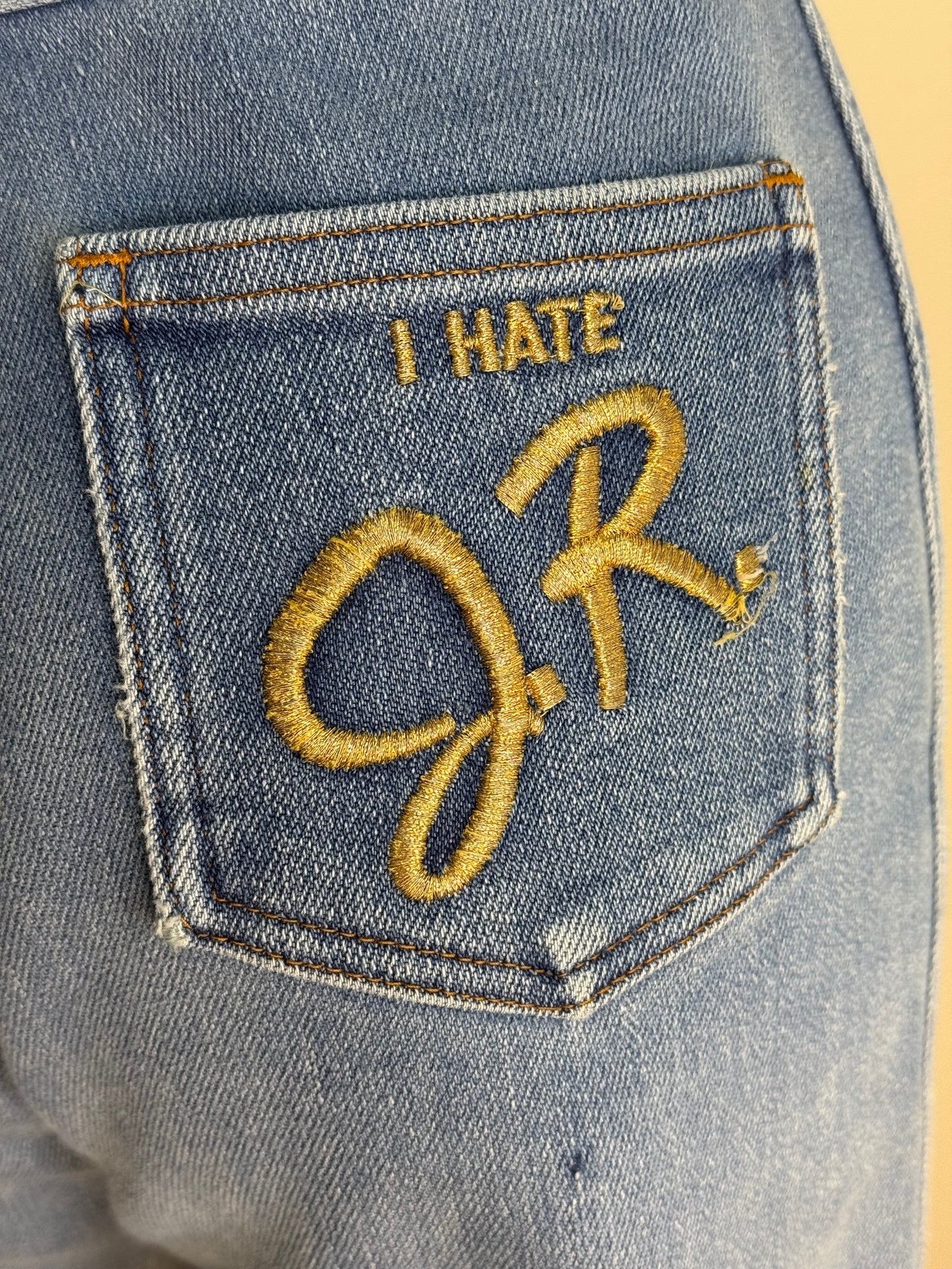 1980s I Hate J.R. Blue Jeans, 26.5"x32.75", Embroidered Pocket, JR Ewing Dallas TV Show, High Rise Straight Leg