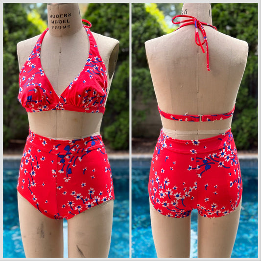 1970s Red Floral Bikini, Jantzen Size XS-Small, Halter Top and High Rise Boy Shorts