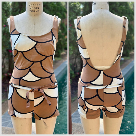 1960s Women’s One Piece Swimsuit, Size Medium, Brown and White Scale Print Romper