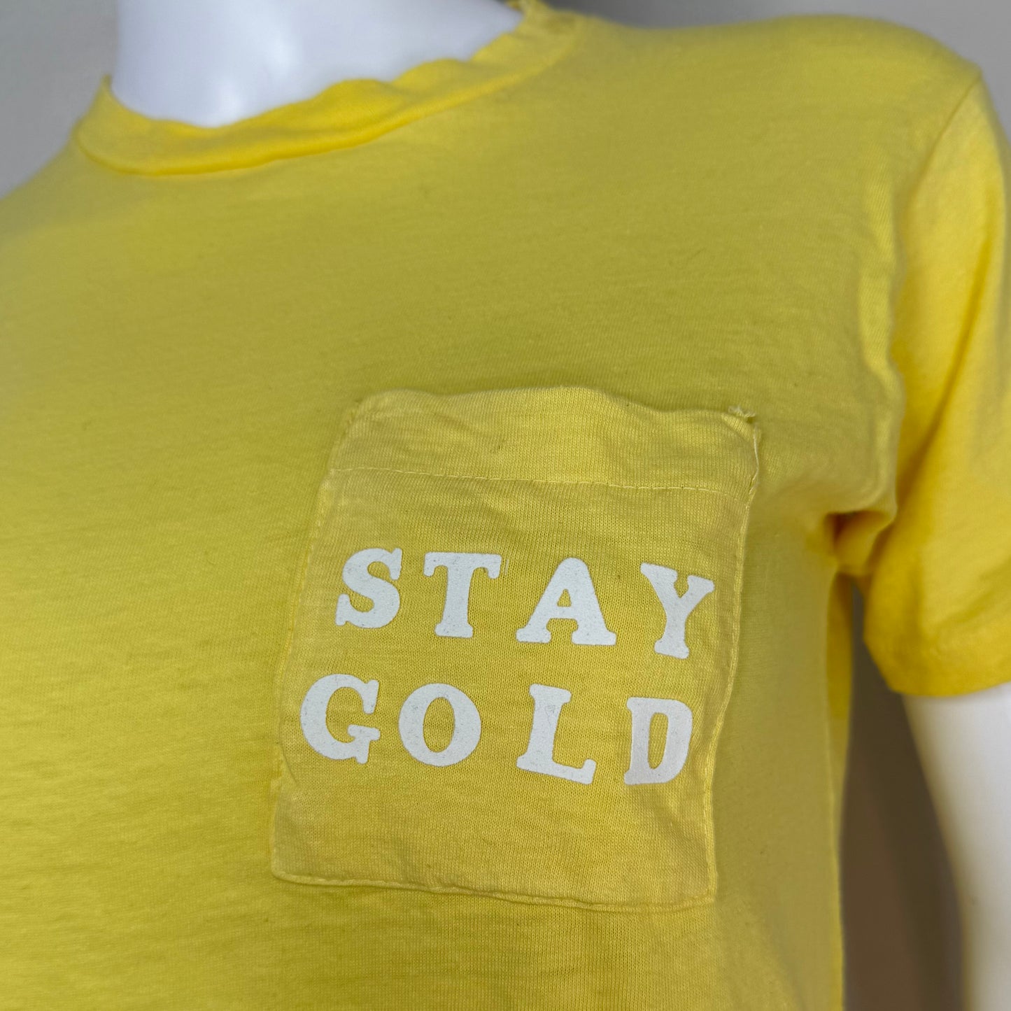 1970s Stay Gold Yellow T-Shirt, Fruit of the Loom Pocket Tee Size Small