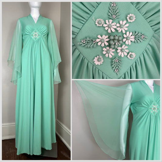 1970s Mint Green Maxi Dress with Sheer Angel Wing Sleeves, Size Medium