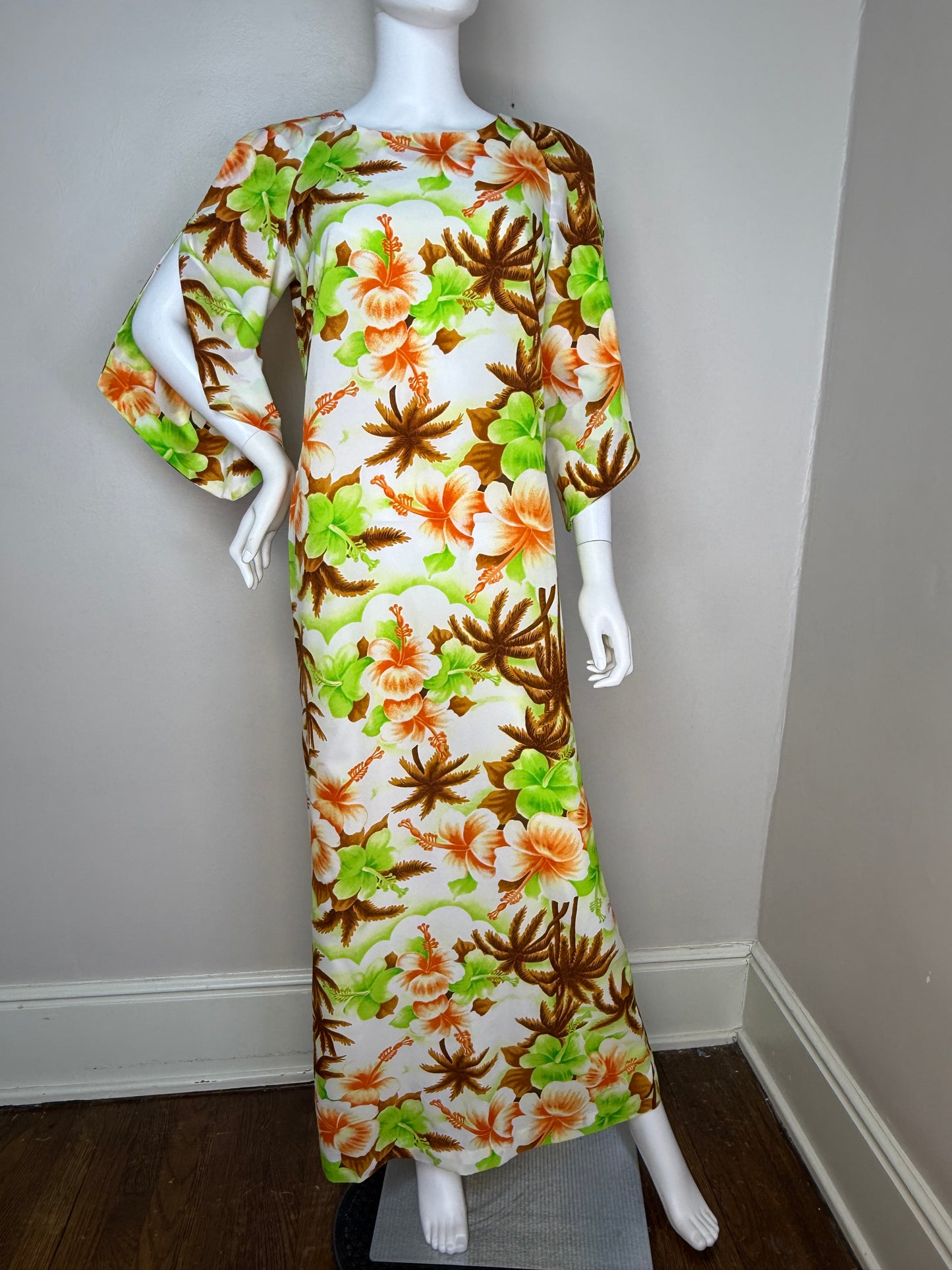 1970s Hawaiian Floral Maxi Dress with Split Bell Sleeves, Pomare Hawaii