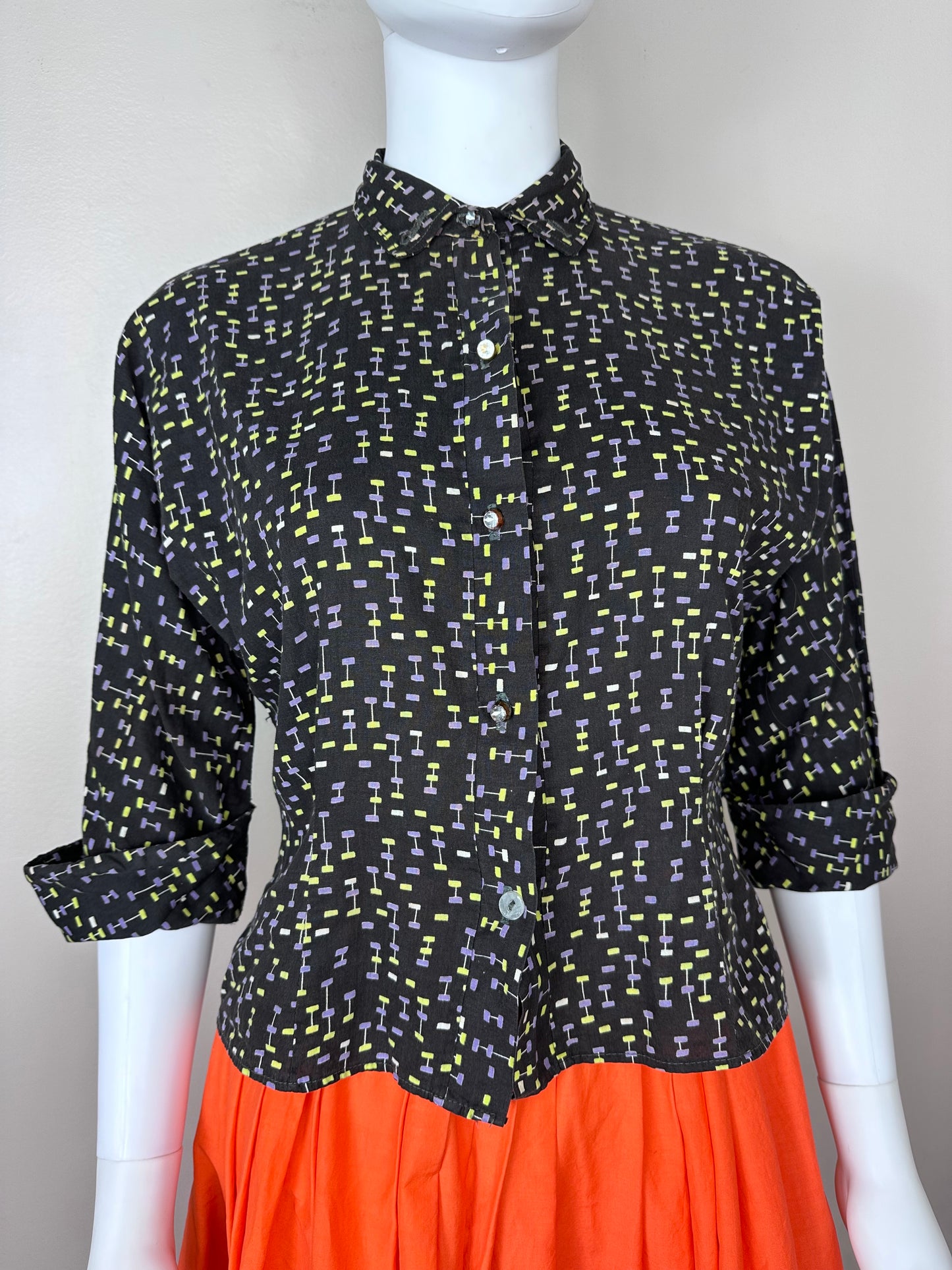 1950s Black Atomic Print Blouse, Size Medium