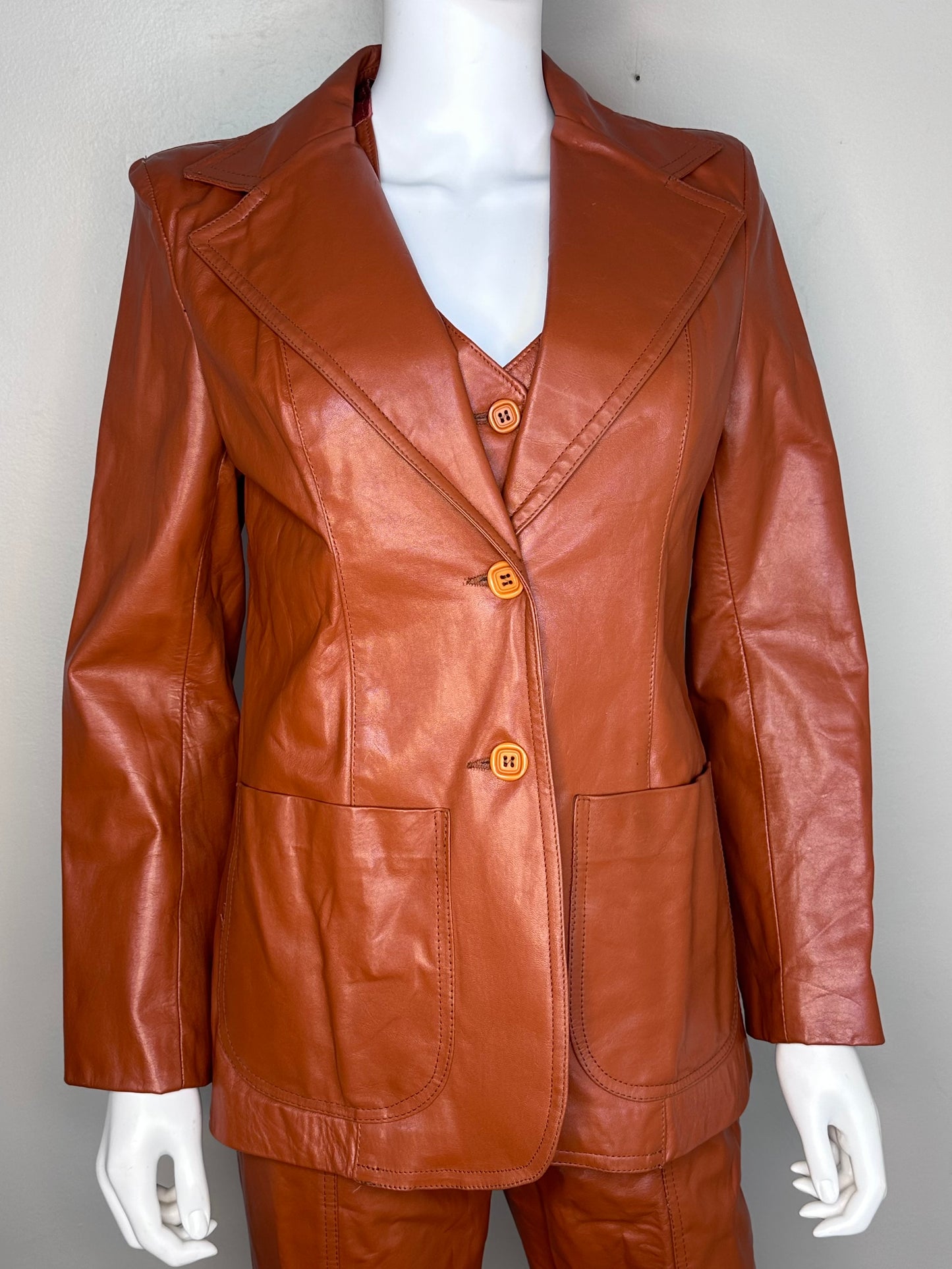 1970s Women’s Brown Leather Three Piece Pant Suit, Margaret Godfrey for Bagatelle Size XS, Blazer Vest Pants