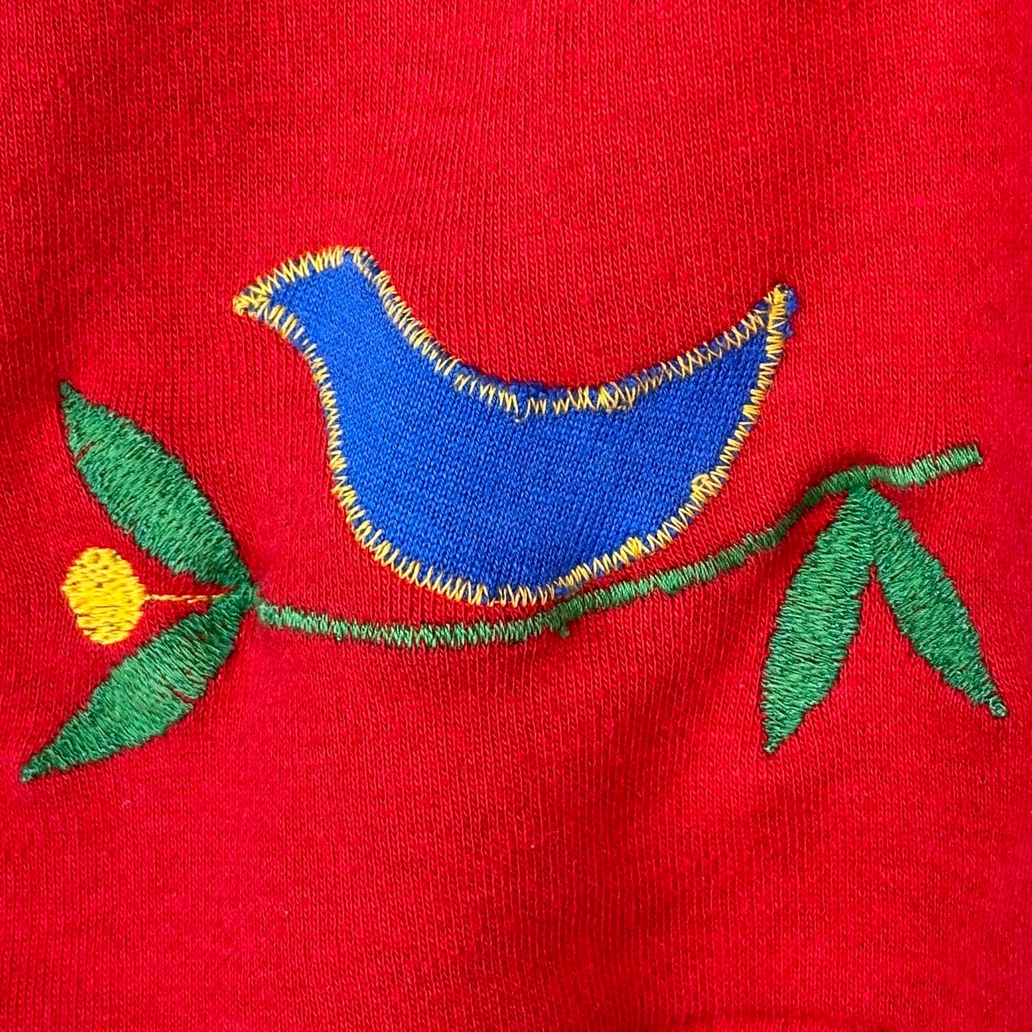 1970s/80s Red Knit Turtleneck Dress with Blue Bird Appliqué, Health-tex Size 4T