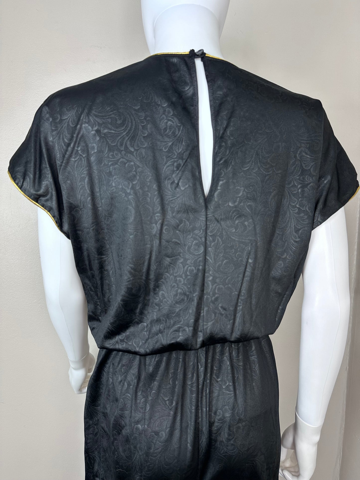 1980s Black Floral Nylon Jumpsuit, Lady Cameo Dallas Size Medium