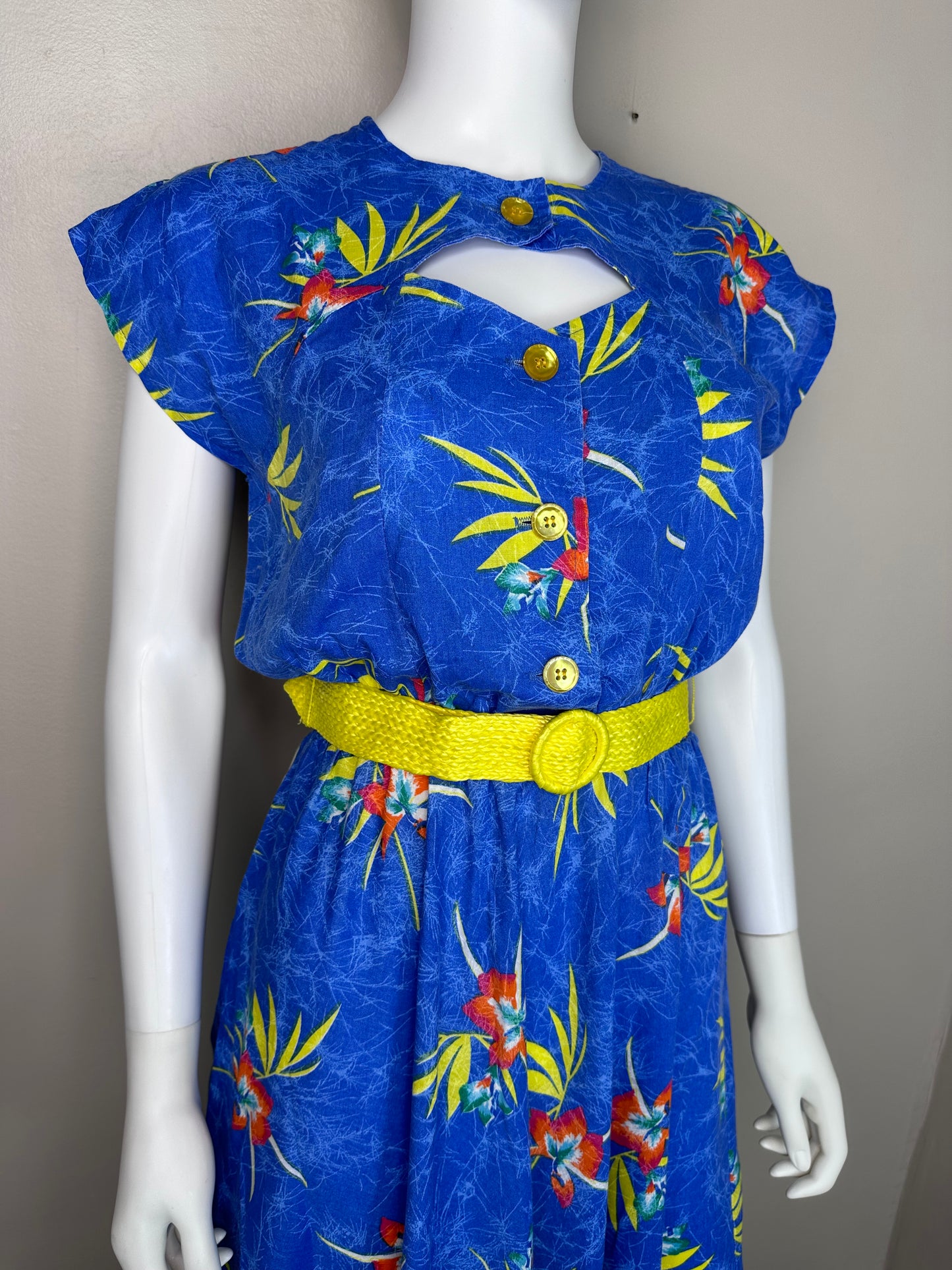 1980s Tropical Blue Floral Dress with Cut Out, Impromptu Size Medium