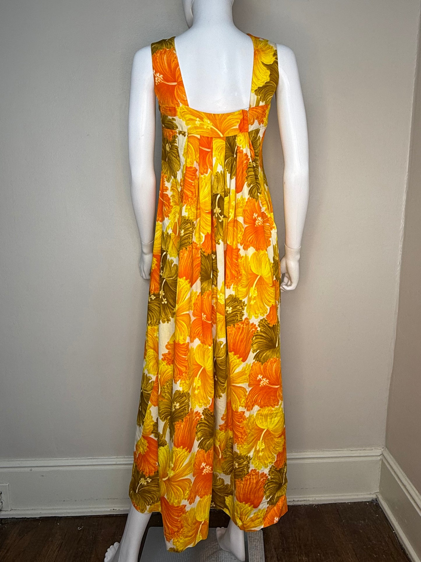 1960s Orange and Yellow Hawaiian Floral Maxi Dress, Back Pleats, An Original Hawaiian Togs Size Medium, Cotton Barkcloth