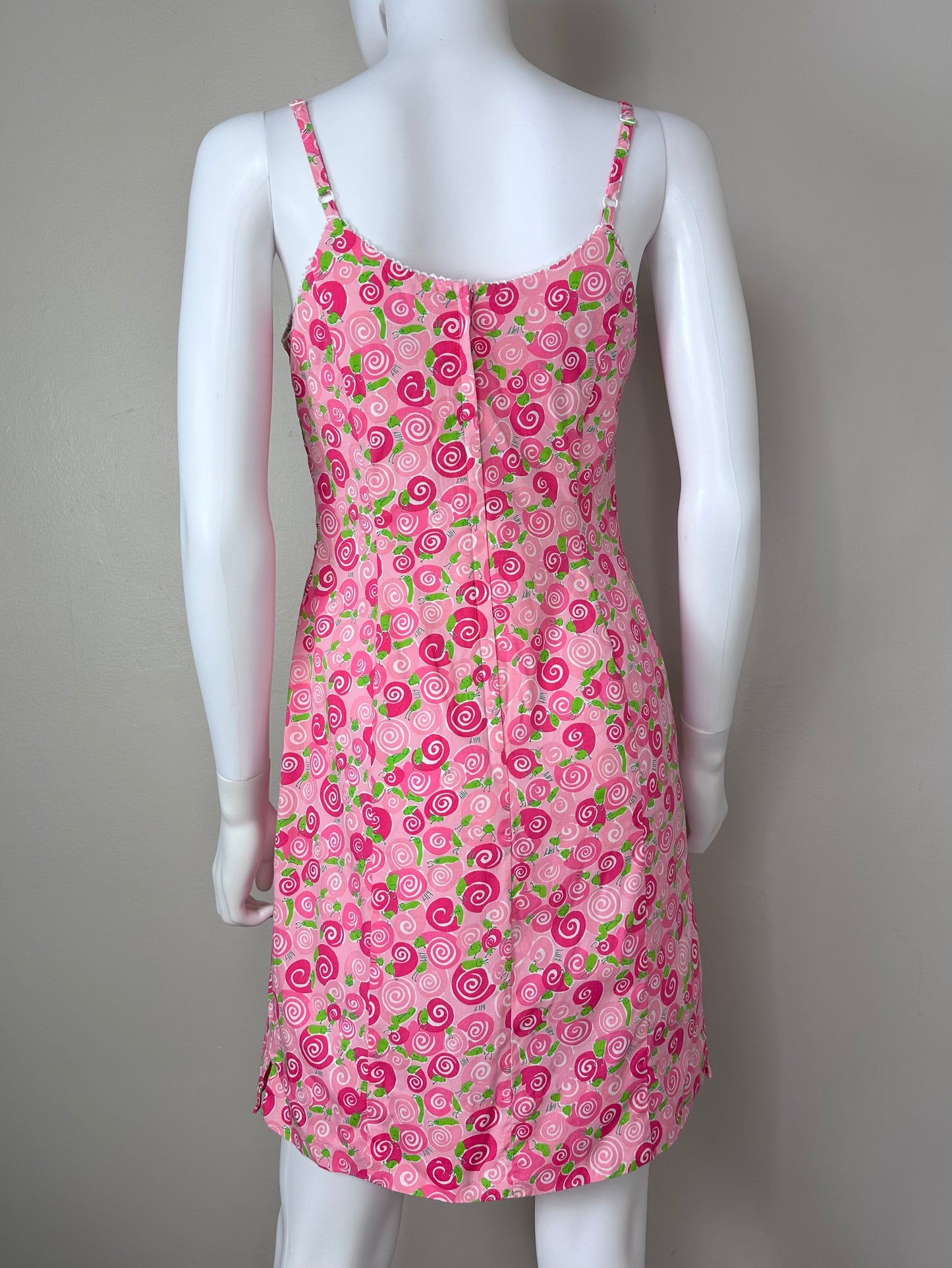 Y2K Lilly Pulitzer Dress, White Label, Size XS, Iced Pink Rolls Royce, Snail Print