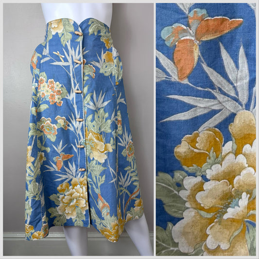 1970s Blue Floral with Butterflies Skirt, Ann Rhiger Size XS