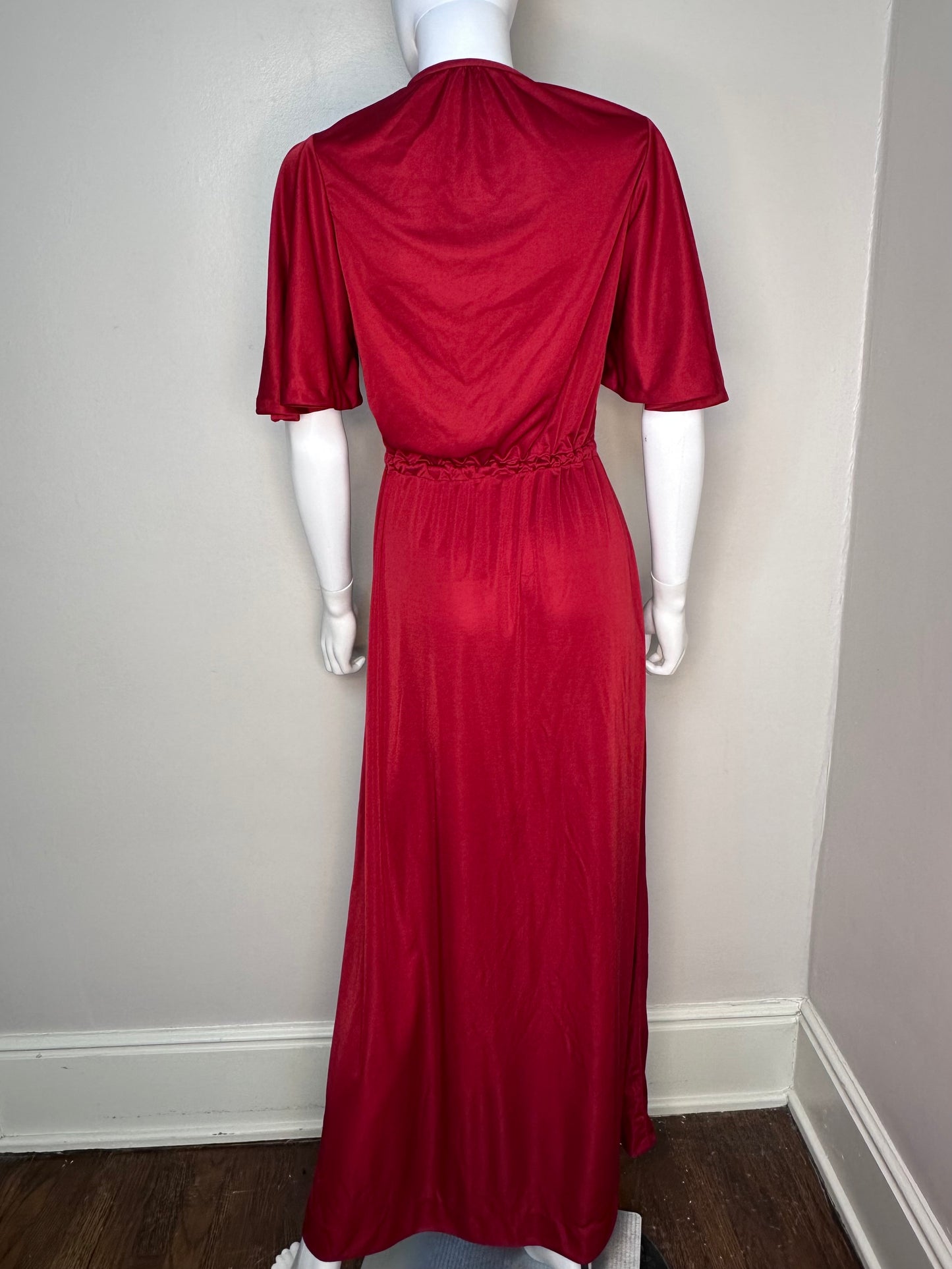 1970s Red Maxi Dress, Angel Wing Sleeves, Size Medium