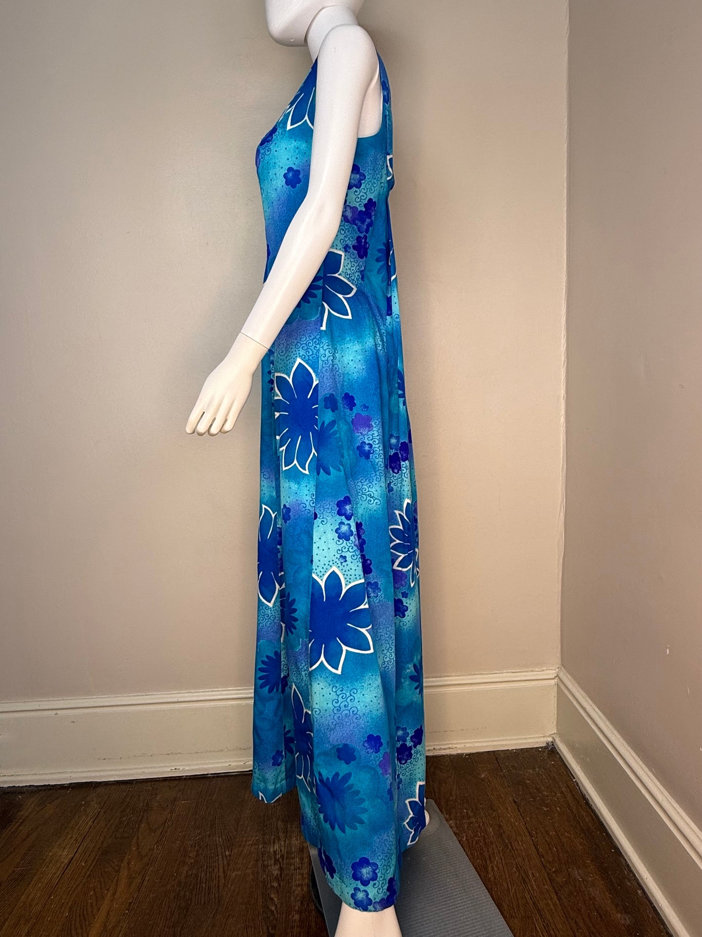 1970s Blue Hawaiian Floral Sleeveless Maxi Dress, Pomare Hawaii Size Large