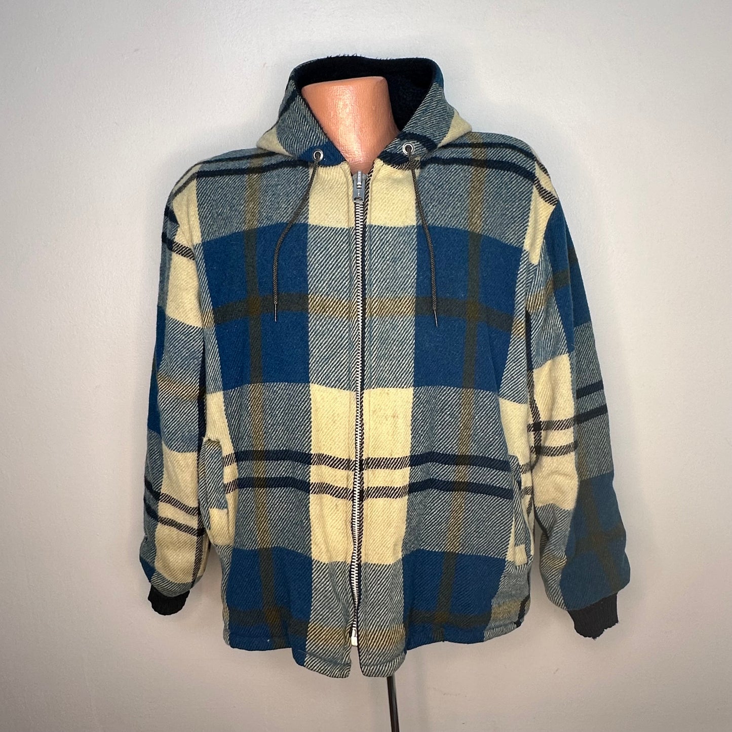 1950s/60s Blue Plaid Wool Hooded Jacket, Woolrich Size Medium