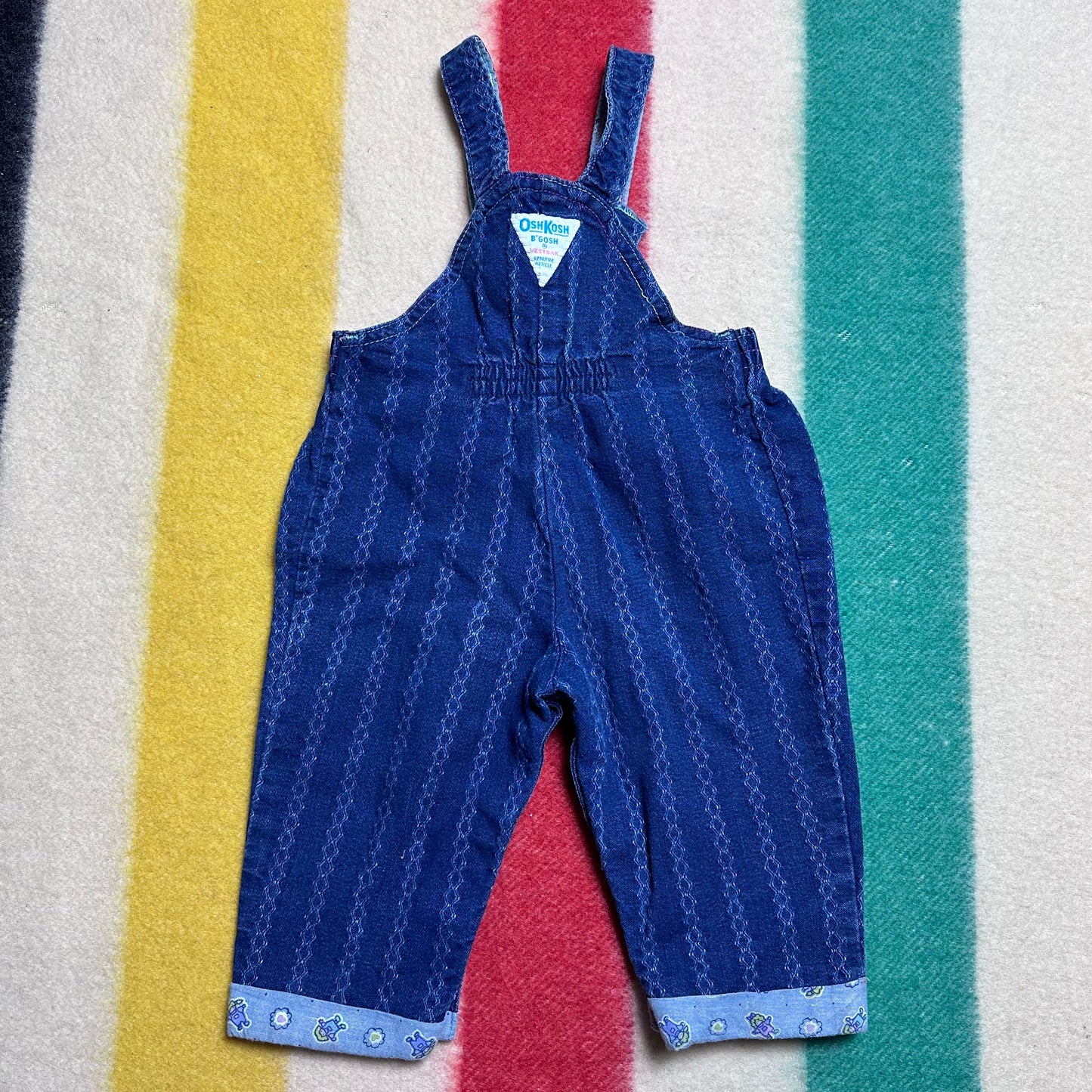1980s/90s OshKosh Overalls, Size 12M, Stripe Denim with Neon Buttons, Dolls and Hearts Lining