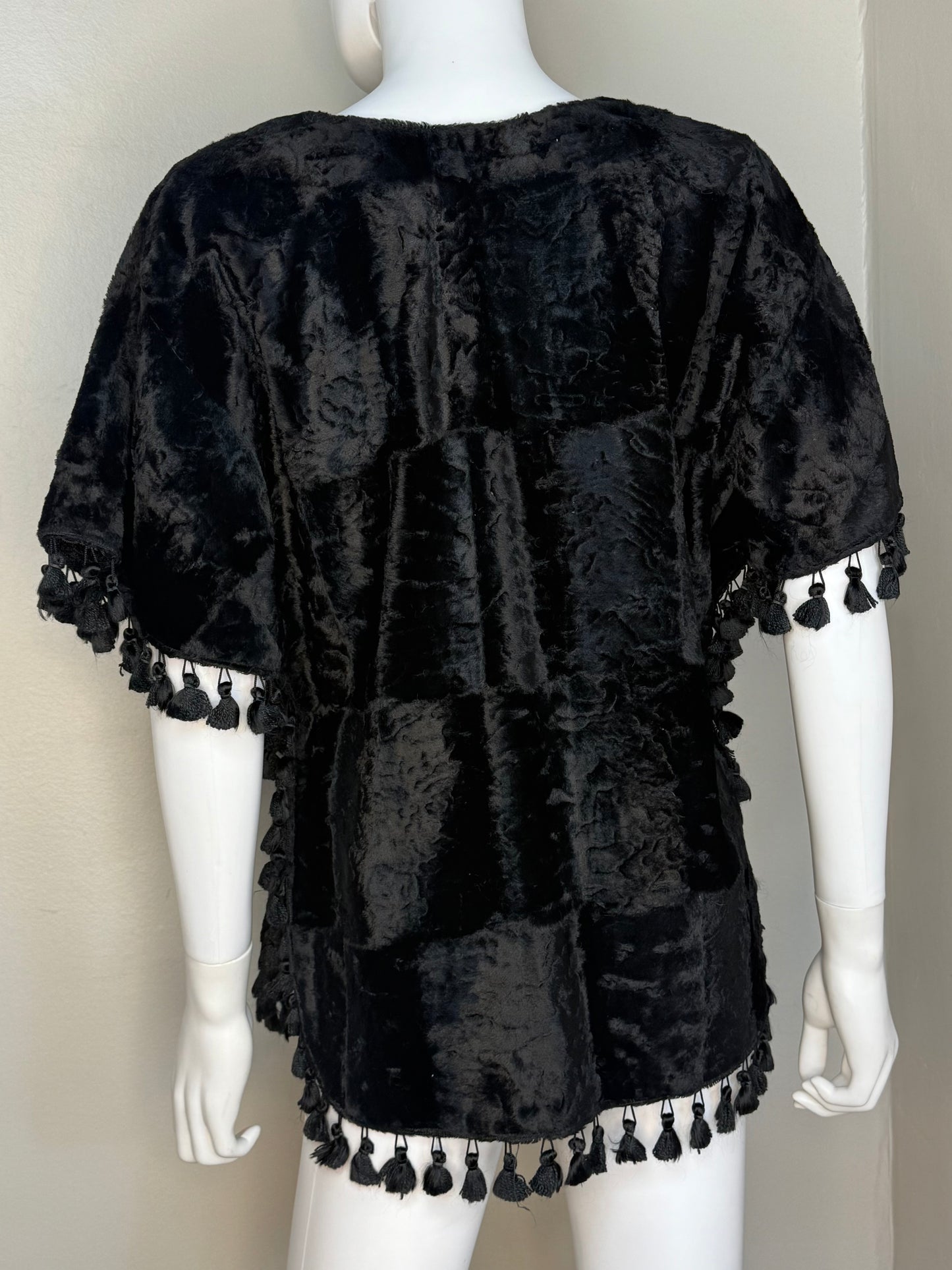 1970s Black Velvet Poncho with Fringe, Handmade Size Small-Medium