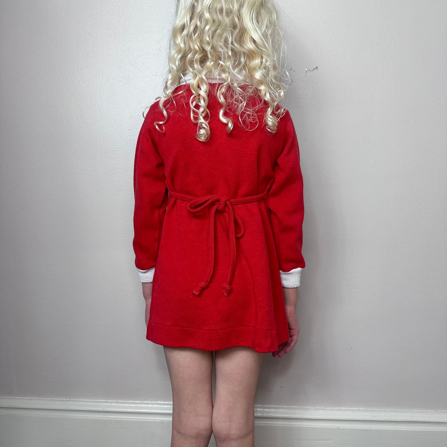 1970s/80s Red Knit Turtleneck Dress with Blue Bird Appliqué, Health-tex Size 4T