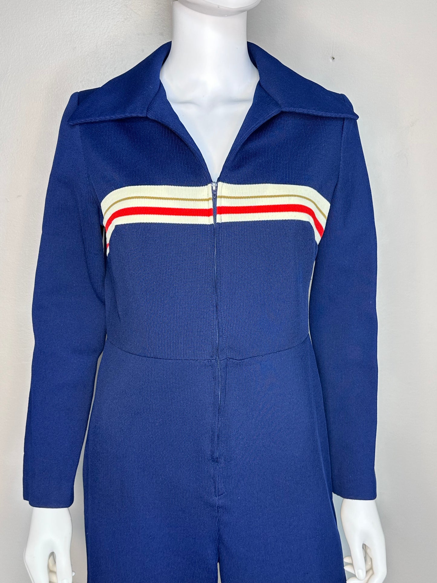 1970s Navy Blue Polyester Zip Up Jumpsuit, Size M/L, Wide Leg