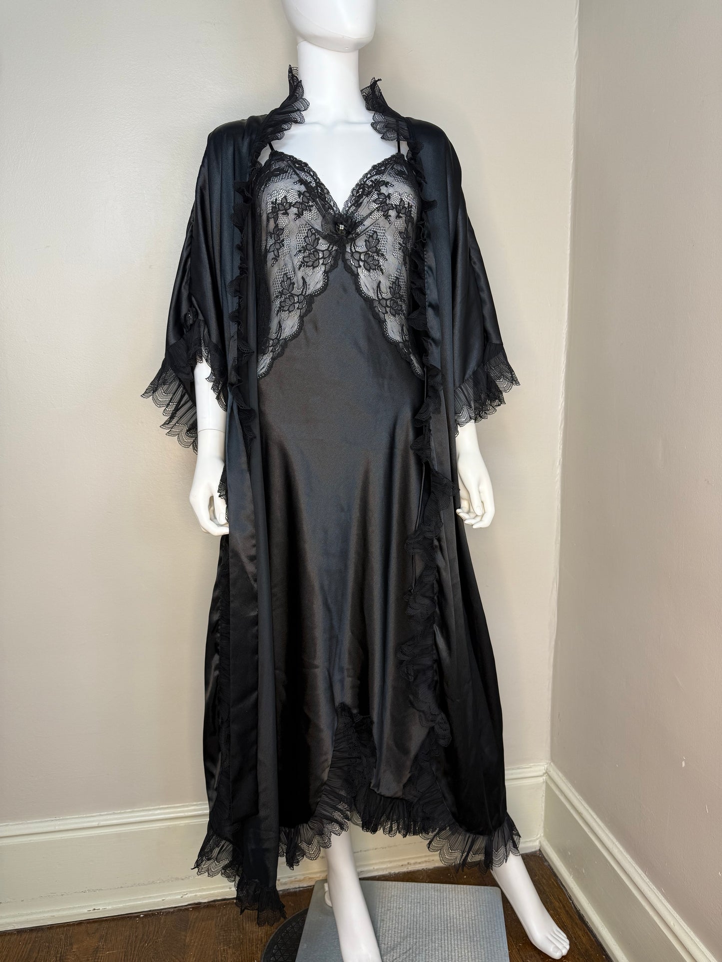 1980s Christian Dior Lingerie Peignoir Set, Nightgown and Robe, Black Satin and Lace, Size Medium