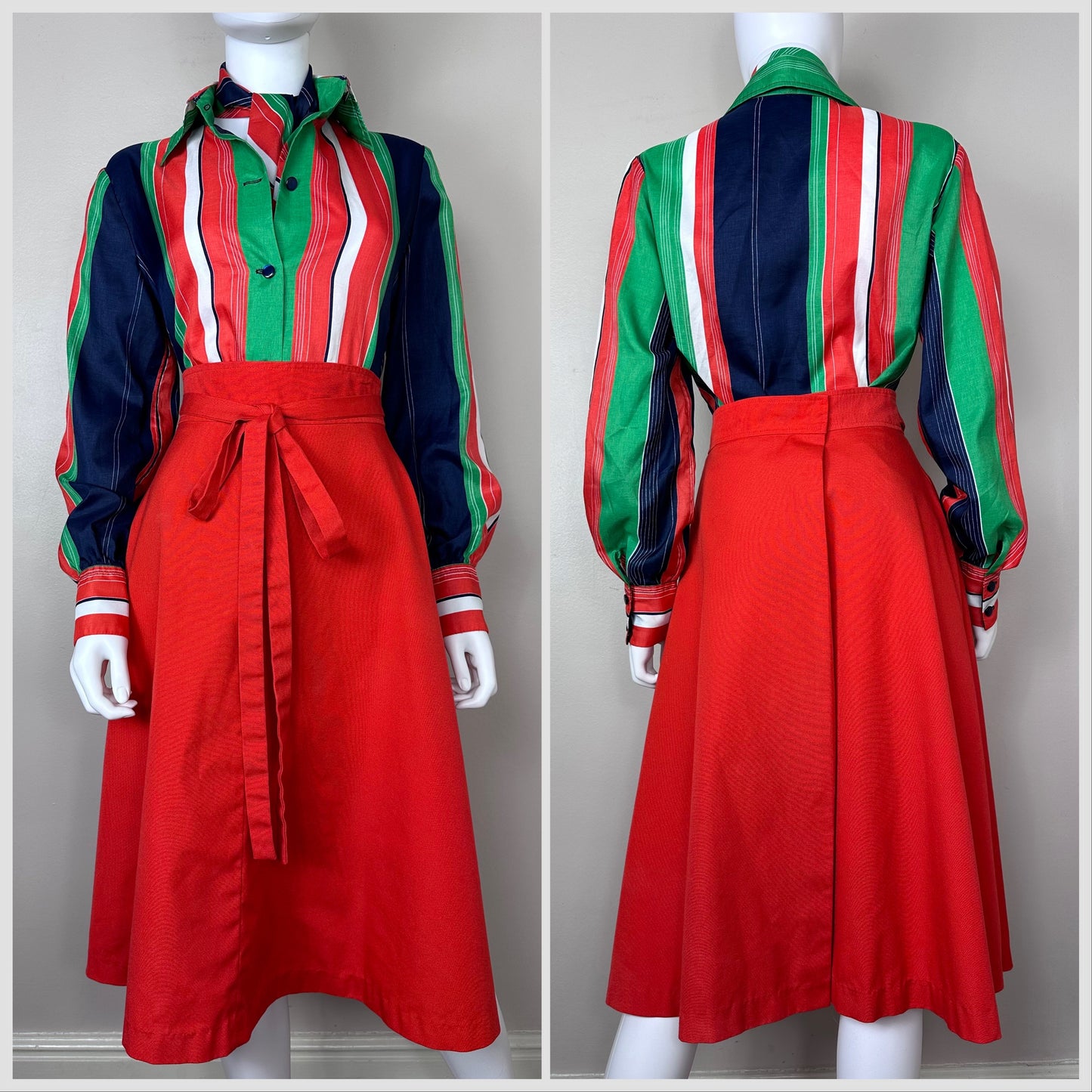 1970s Stripe Blouse with Attached Scarf, Size Medium