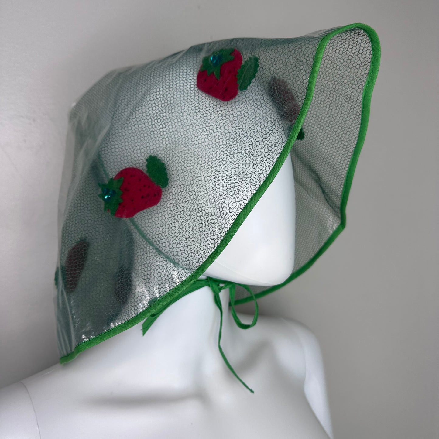 1960s Clear Rain Hat, Felt Strawberries with Sequins