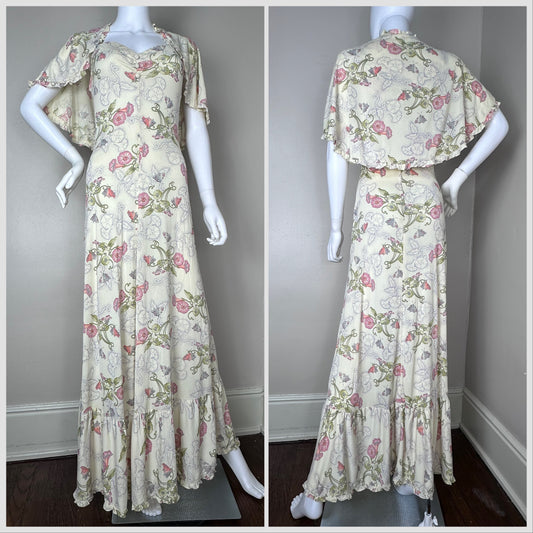 1970s Floral Maxi Dress with Cape, Young Innocent by Arpeja Size XS-S, Butterflies, Alternative Wedding Dress