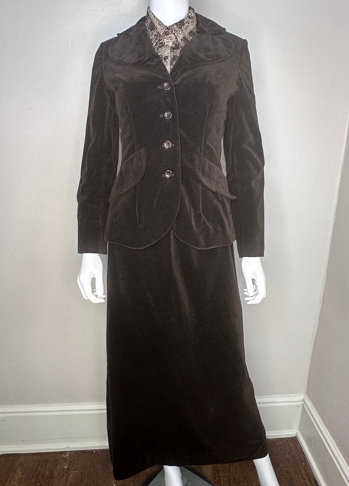 1970s Brown Velvet Suit, Blazer and Maxi Skirt, The Villager Size XS