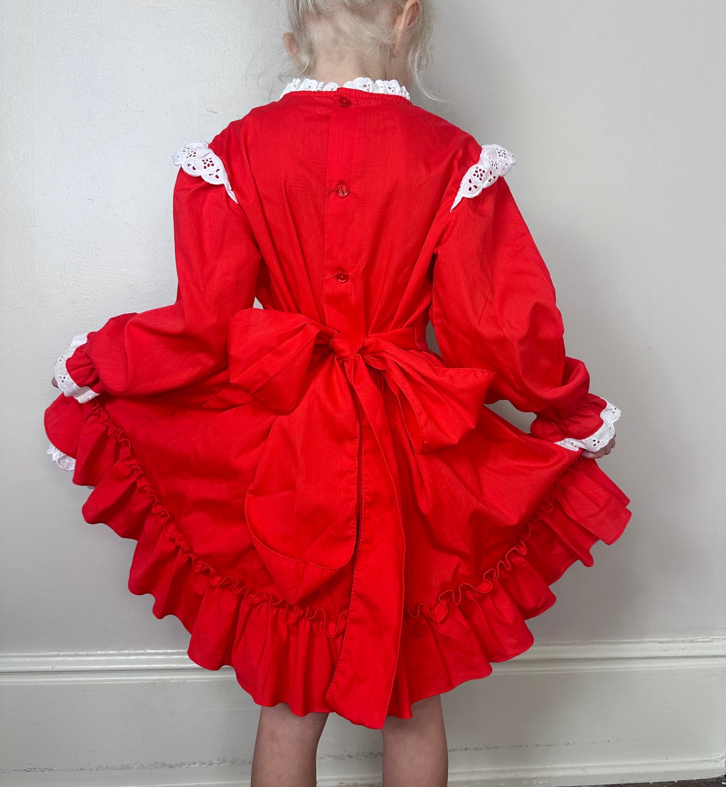 1980s Red Frilly Dress with White Eyelet Trim, Kandy Ann Size 6X
