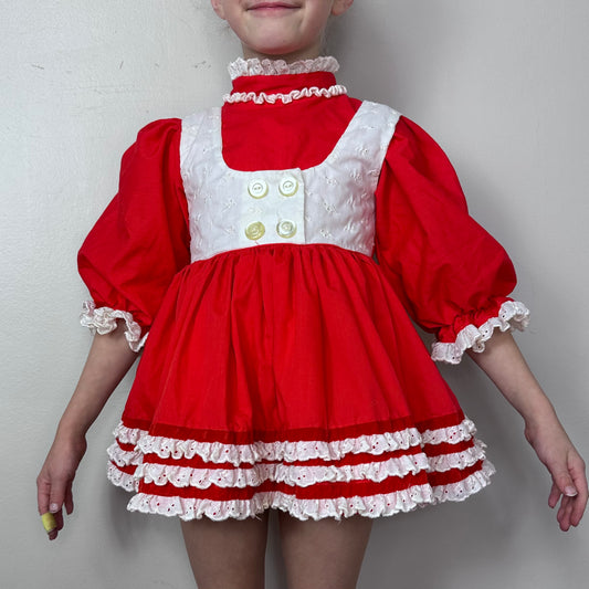 1980s Red Frilly Pinafore Dress, Martha’s Miniatures Size 2/3, We're Fussy