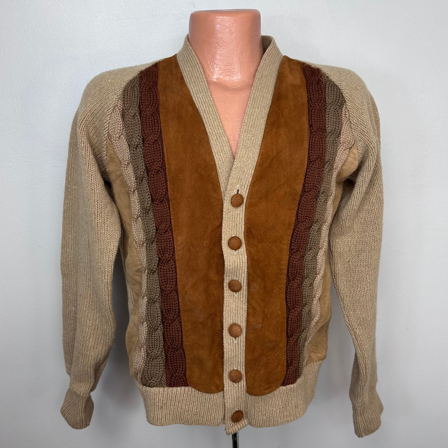 1960s Men’s Tan Wool and Brown Suede Cardigan Sweater, Gloray Knitting Mills Size Medium