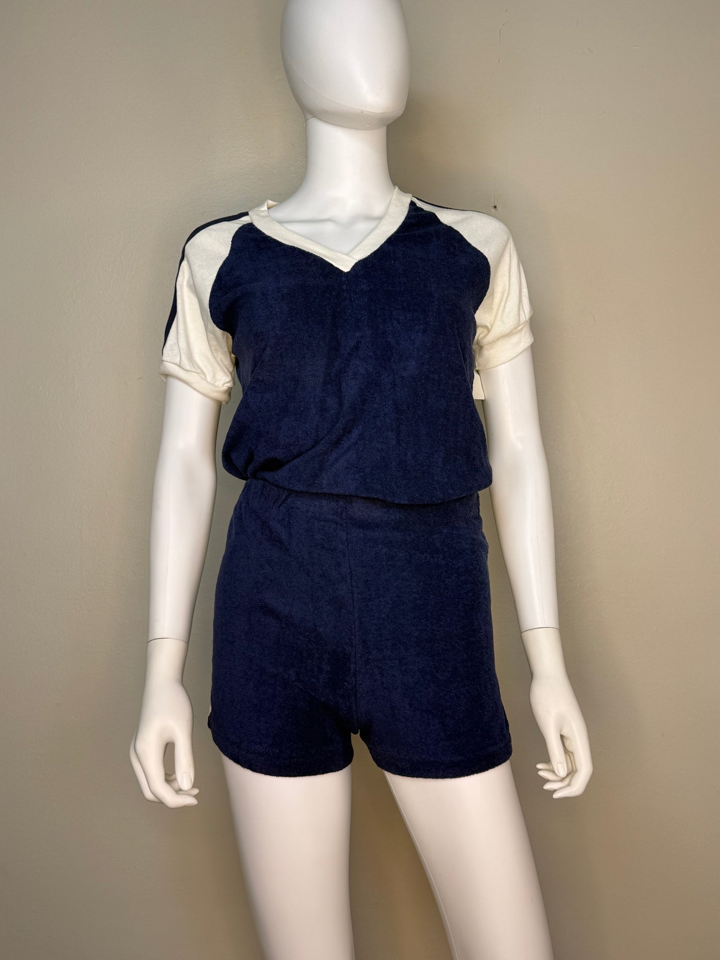 1970s Navy Blue Terrycloth Top and Shorts Set, Size XS/Small