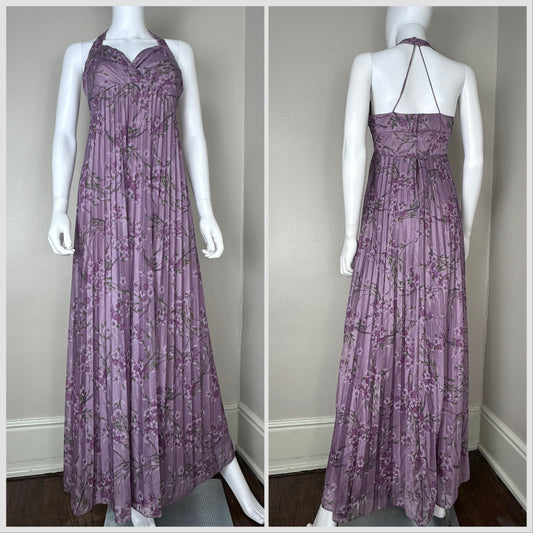 1970s Purple Floral Halter Maxi Dress, Size XS