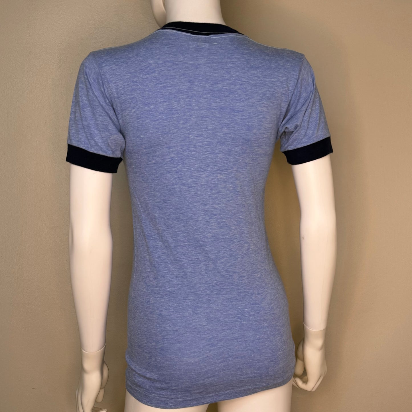 1970s Here Today Gone to Maui T-Shirt, Poly Tees, Mayo Spruce Size X-Small, Blue Ringer Tee